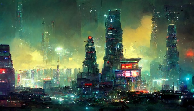 Concept kunst illustratie van stadsgezicht van Aziatische cyberpunk stad 's nachts.