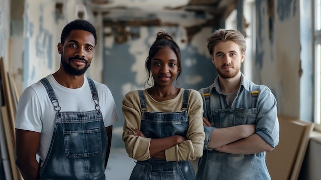 Concept for Labor Day portrait of young professionals at a construction site inclusion and diversity