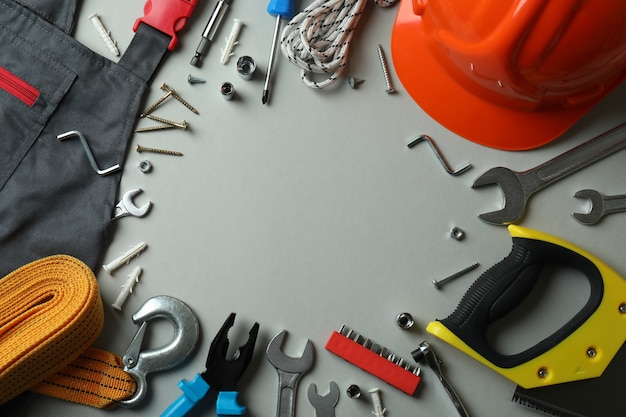 concept of labor day with different working tools, space for text