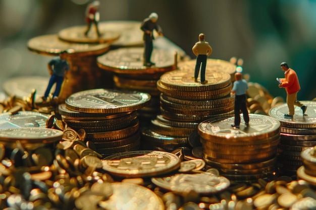 Photo a concept of labor and income the pile of coins and miniature people