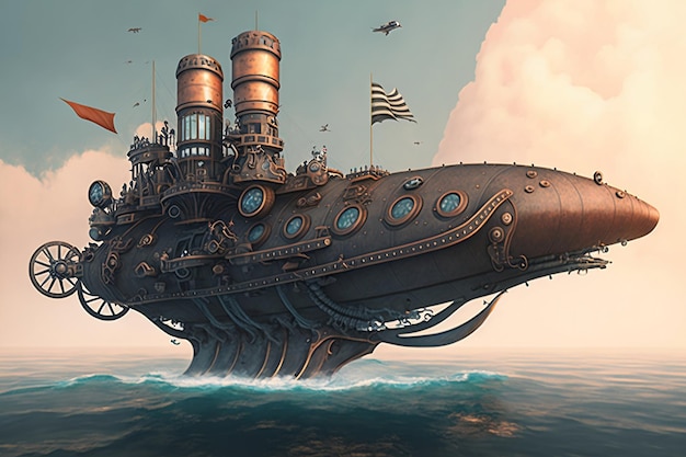 Concept of a large flying machine sailing in the sea in steampunk style Generative AI