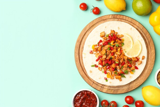 Concept lekker eten met taco op muntachtergrond