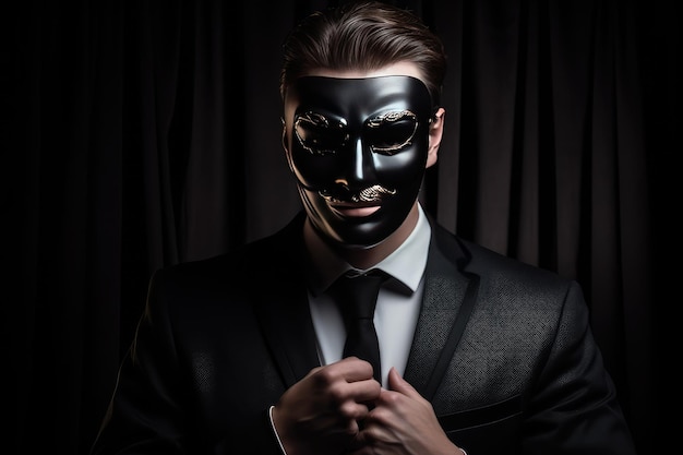 Concept of a liar a man in a suit wearing black mask