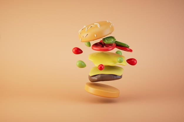 Photo the concept of love for fast food a hamburger flying on a pastel background 3d render