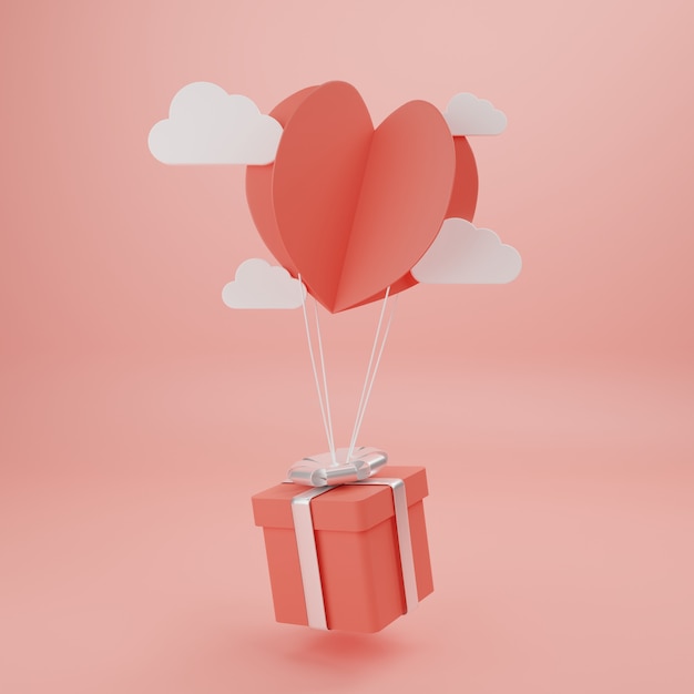 Photo concept of love and happy valentine day, heart shape paper cut style with gift box floating on the wall. 3d rendering, illustration.