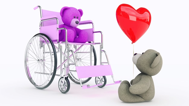 Concept of love Two teddy bears in wheelchair with red heart