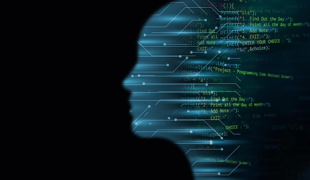 Concept of machine learning or innovation technology graphic of a head with programming script