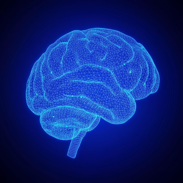 머신러닝 주식의 개념, AI 러닝, 블록체인, 신경망, 빛나는 와이어프레임 네트워크로 만든 뇌를 특징으로 하는 추상적인 3D 렌더링