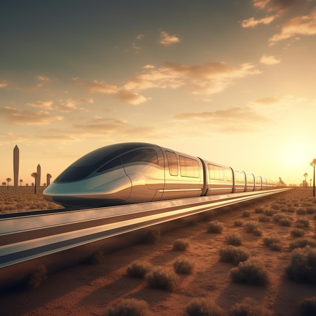 사막을 가로질러 하늘로 이동하는 자기 부상 열차의 개념 현대 교통