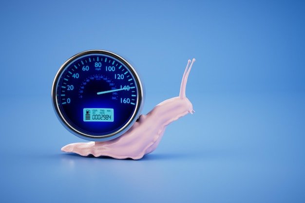 The concept of maintaining the speed of the car a snail on which the speedometer 3D render