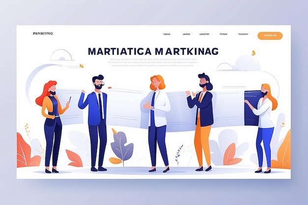 Photo concept of marketing team landing page team work with flat business people characters holding horizontal empty banner