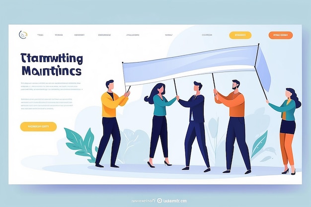 Concept of marketing team landing page Team work with flat business people characters holding horizontal empty banner