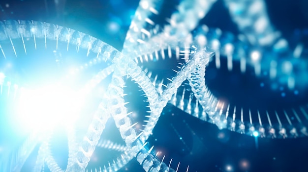 Концепция Медицинское голубое знамя с солнечным световым кодом генетической полигональной спирали ДНК человека Generative ai