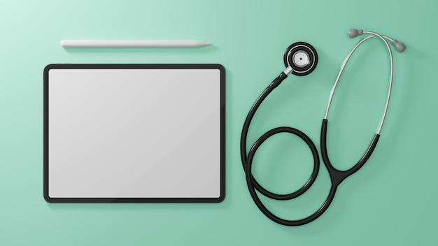 녹색 의료 배경에 의료 정보 태블릿 화면 모형 청진기의 개념