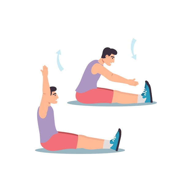 Concept Men's workout in the flat cartoon design The guy is doing flexibility exercises