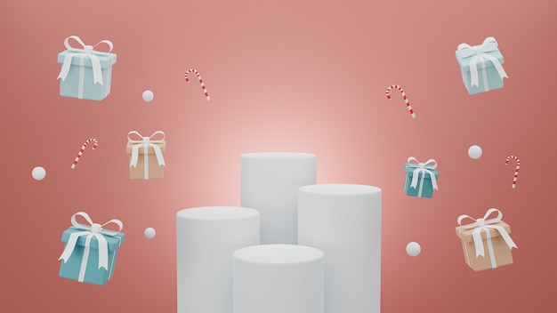 Concept Merry Christmas voor productpresentatie podium met geschenkdoos pastel op rode achtergrond.