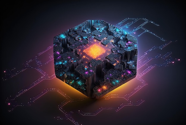 Concept of the metaverse and a creative illuminating polygonal chip circuit on a dark backdrop