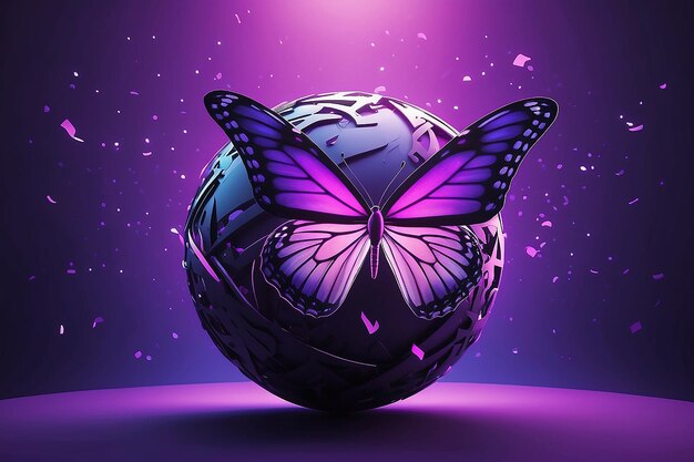 Photo concept of metaverse virtual reality experience with abstract sphere butterfly on purple backgound