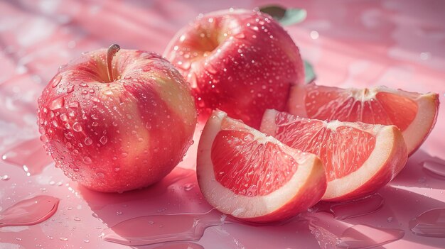 Foto il concetto di un concetto di idea di frutta minimalista consiste in una mela rossa fresca su uno sfondo rosa con fette di mela dipinte in rosa