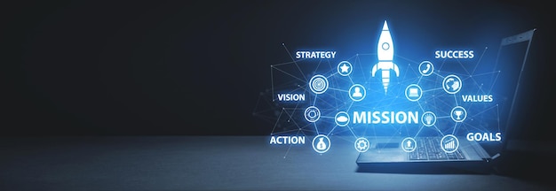 Photo concept of mission with a network and business symbols