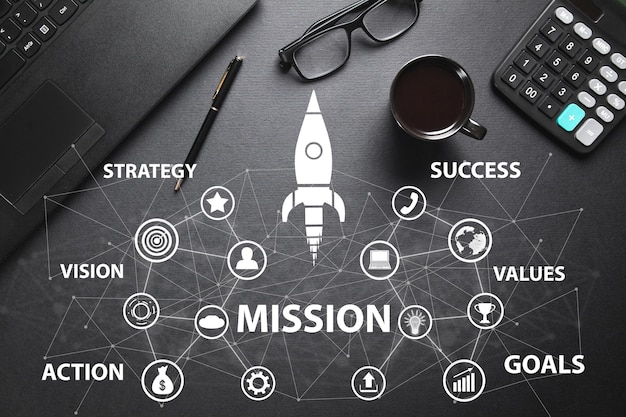 Photo concept of mission with a network and business symbols