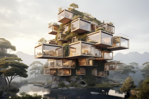 Concept of a modern house in the middle of the jungle Hyper realistic illustration