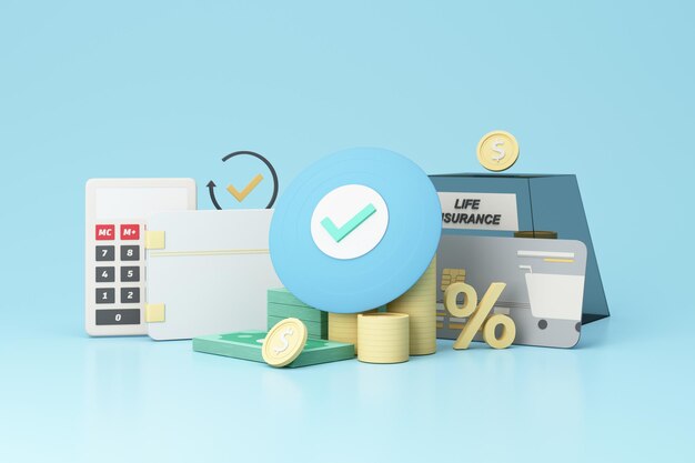 Concept of money protection financial savings insurance secure\
investment surrounding by gold coin cash piggy bank credit card\
wallet isolated on blue pastel background realistic 3d render