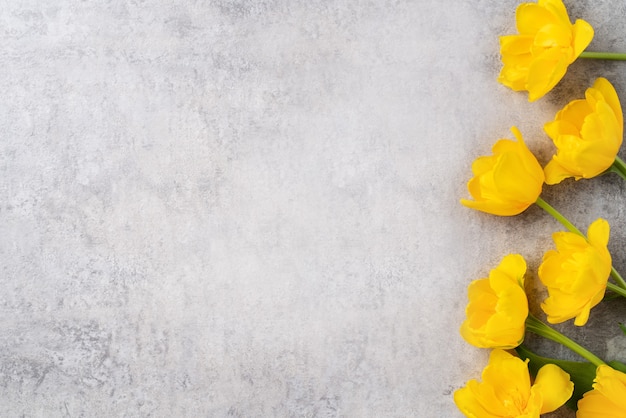 Concetto di progettazione di saluto di festa della mamma con il mazzo del fiore del tulipano giallo su fondo grigio