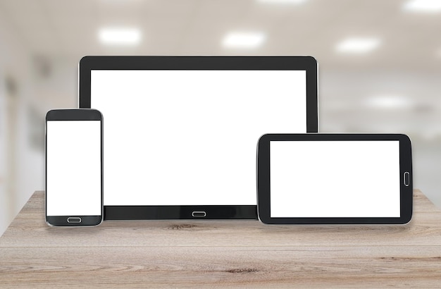 Photo concept of multi device technology mockup for responsive design presentation digital tablet and smartphone in various orientation