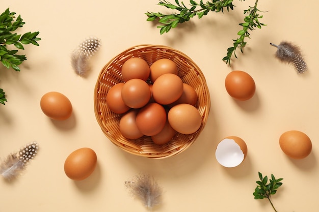 Concept of natural farm product eggs top view