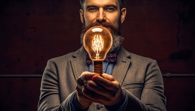 Concept of new idea Businessman holding a glowing light bulb in his hand