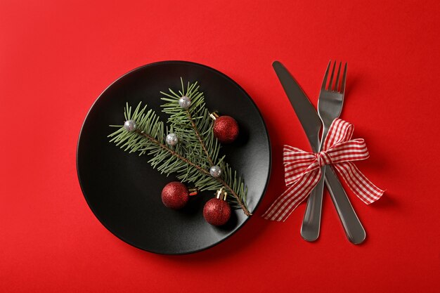 Concept of New year table setting on red