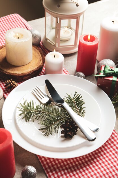 Concept of New year table setting with candles