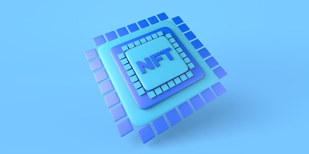 Concept of NFT Non fungible token on microchip for crypto art Copy space 3D illustration