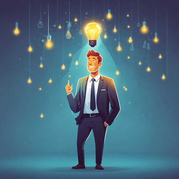 concept nieuwe ideeën zaken gelukkig zakenman heldere lamp vectorillustratie tonen