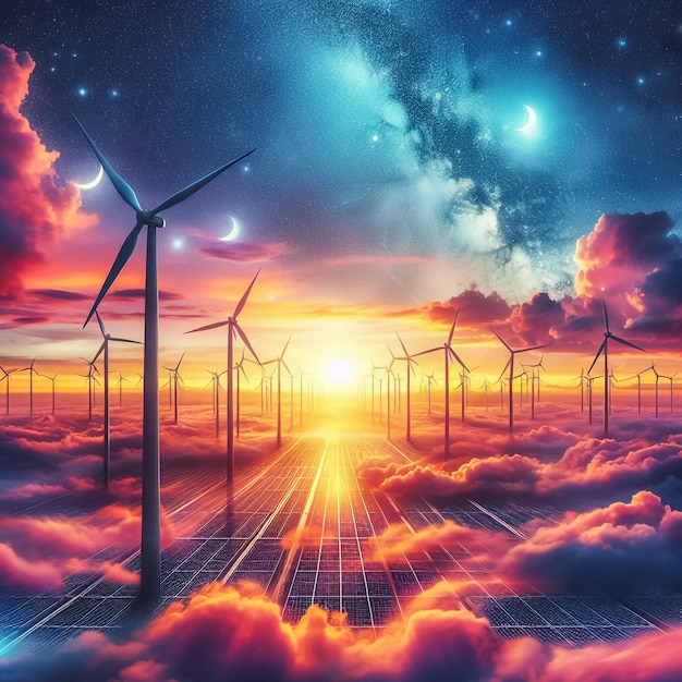 写真 夕暮れの背景にある風車の代替電力の概念