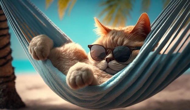 Фото Концепция кошек в отпуске, лежащих в гамаке генеративный ии