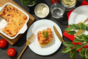 concept of delicious food lasagna top view
