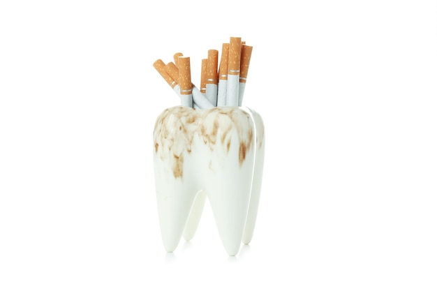 白い背景で隔離の歯の喫煙の害の概念