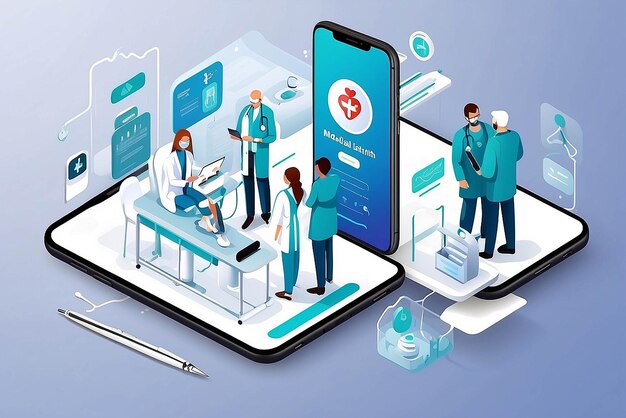 写真 スマートフォンのヘルスケアアプリのコンセプト 専門医療チームのベクトル 医療相談をする患者とオンラインで接続