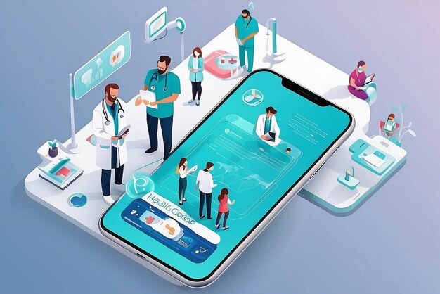 写真 スマートフォンのヘルスケアアプリのコンセプト 専門医療チームのベクトル 医療相談をする患者とオンラインで接続