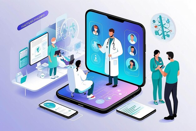 写真 スマートフォンのヘルスケアアプリのコンセプト 専門医療チームのベクトル 医療相談をする患者とオンラインで接続