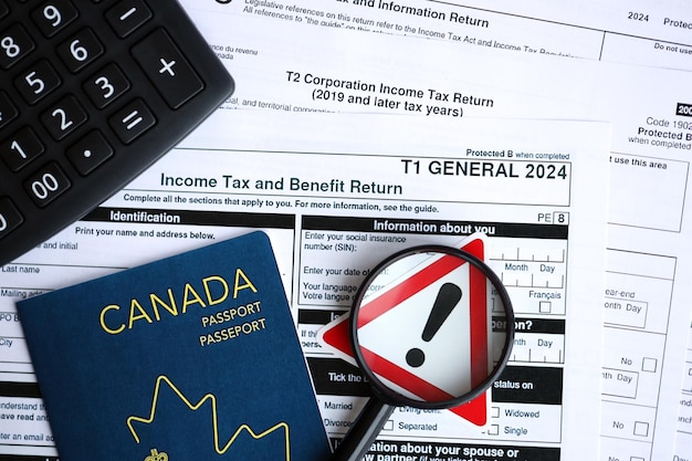 사진 캐나다 회계사 테이블에서 세금 보고와 세금을 지불하는 동안의 문제와 곤란의 개념