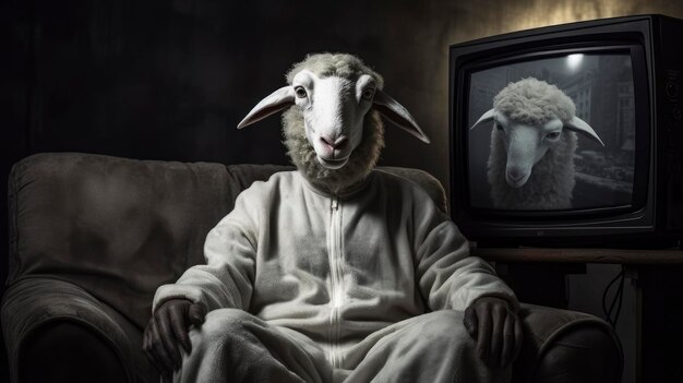 Фото Концепция пропаганды и фейковых новостей тв-зависимость овцы смотрят телевизор в темной комнате политики манипулируют населением