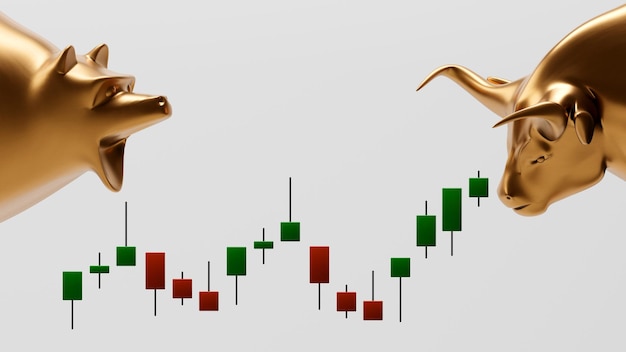 写真 株式取引所の概念 - 金融分析 - 未来的な要素を持つブルとベア - 3d