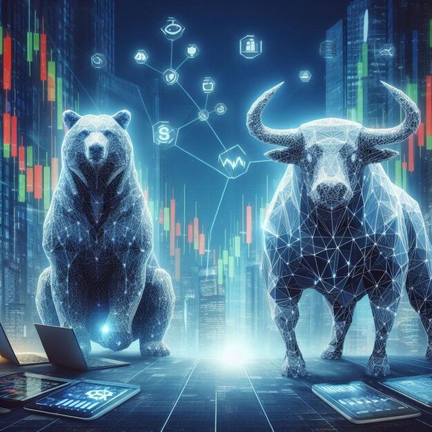 写真 株式取引所 (etf) または金融テクノロジーポリゴン (bull and bear) のコンセプト