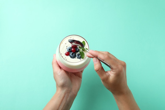 Концепция вкусного завтрака с йогуртом на фоне мяты