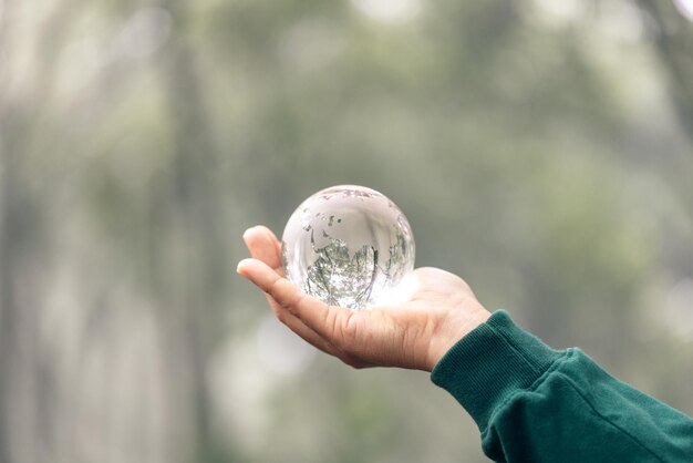 写真 世界環境デー 世界環境デイ 緑の背景に緑の地球を握る手で 環境と環境を守る 地球を守る