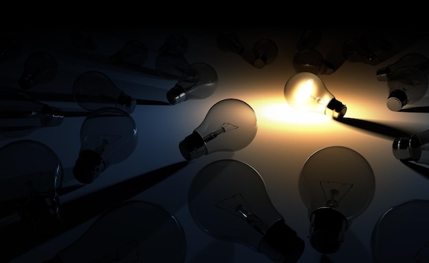 Concept of one bright light bulb illuminating other bulbs with orange light