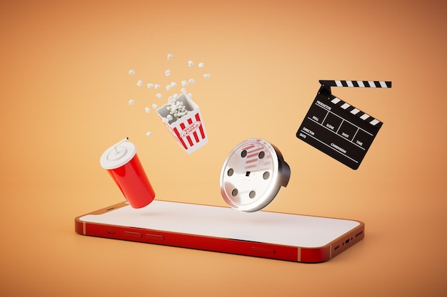 The concept of an online cinema a smartphone on which is videotape popcorn soda and cracker 3D render